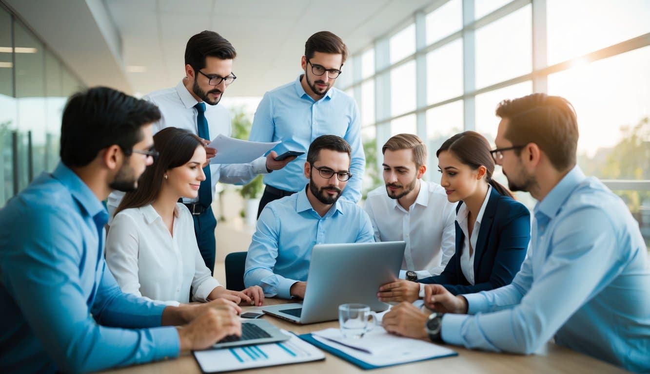 Un grupo de personas analizando datos y discutiendo la implementación de CRM en una institución educativa