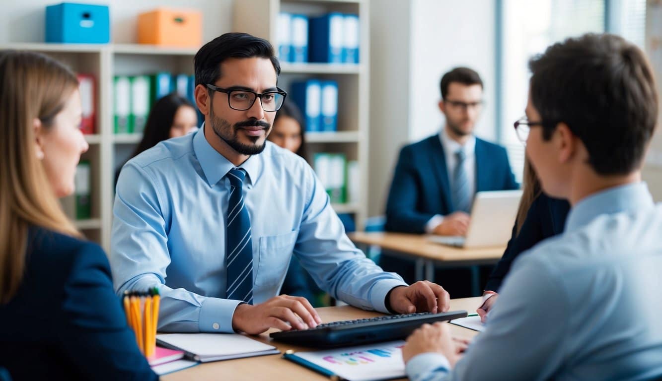 Un administrador escolar ocupado utiliza software de CRM para gestionar datos de estudiantes y comunicarse con padres y personal.