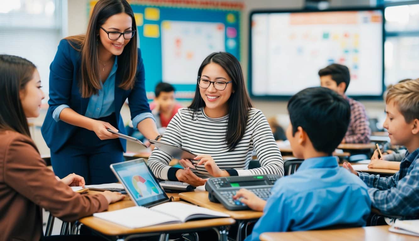 Un aula con estudiantes y profesores interactuando, mientras utilizan tecnología para gestionar y seguir el progreso y la participación de los estudiantes.