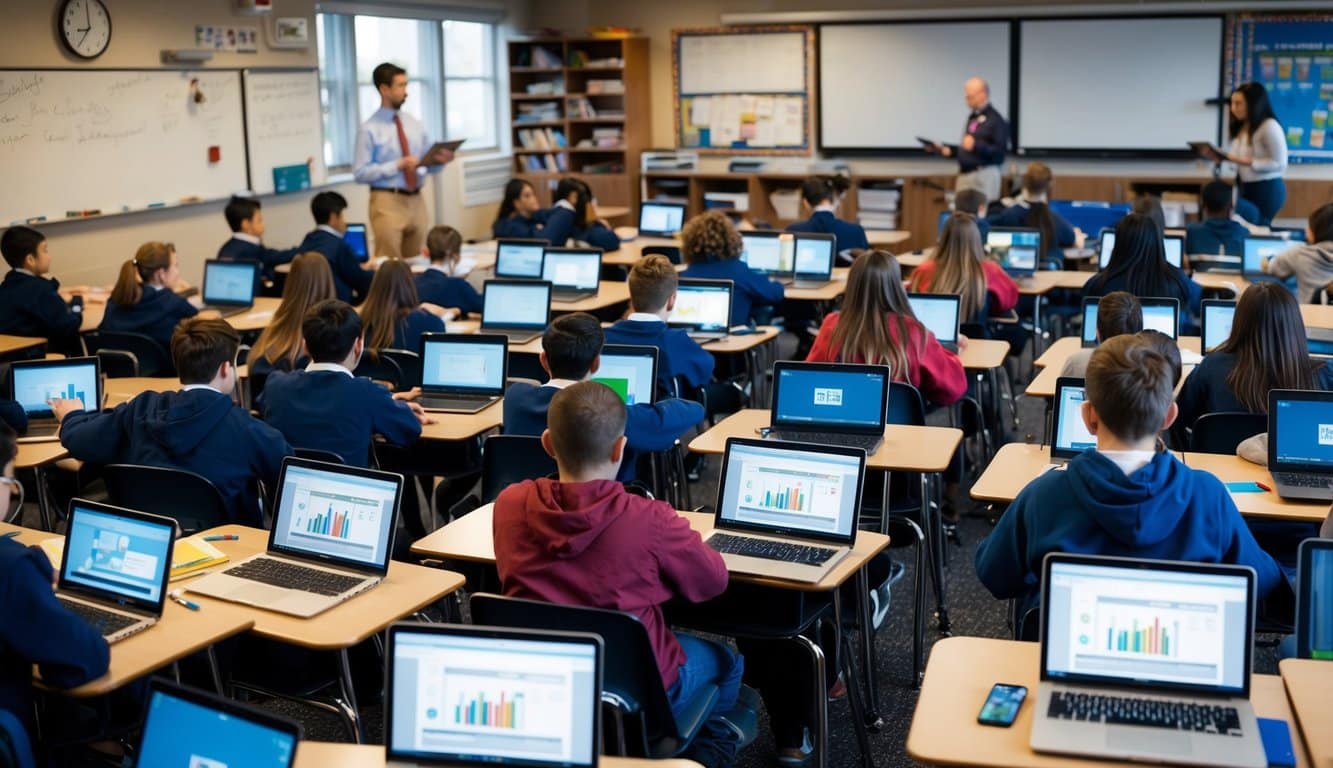 Un aula llena de estudiantes utilizando diversas formas de tecnología, como computadoras portátiles y tabletas, para participar en actividades de aprendizaje interactivas.