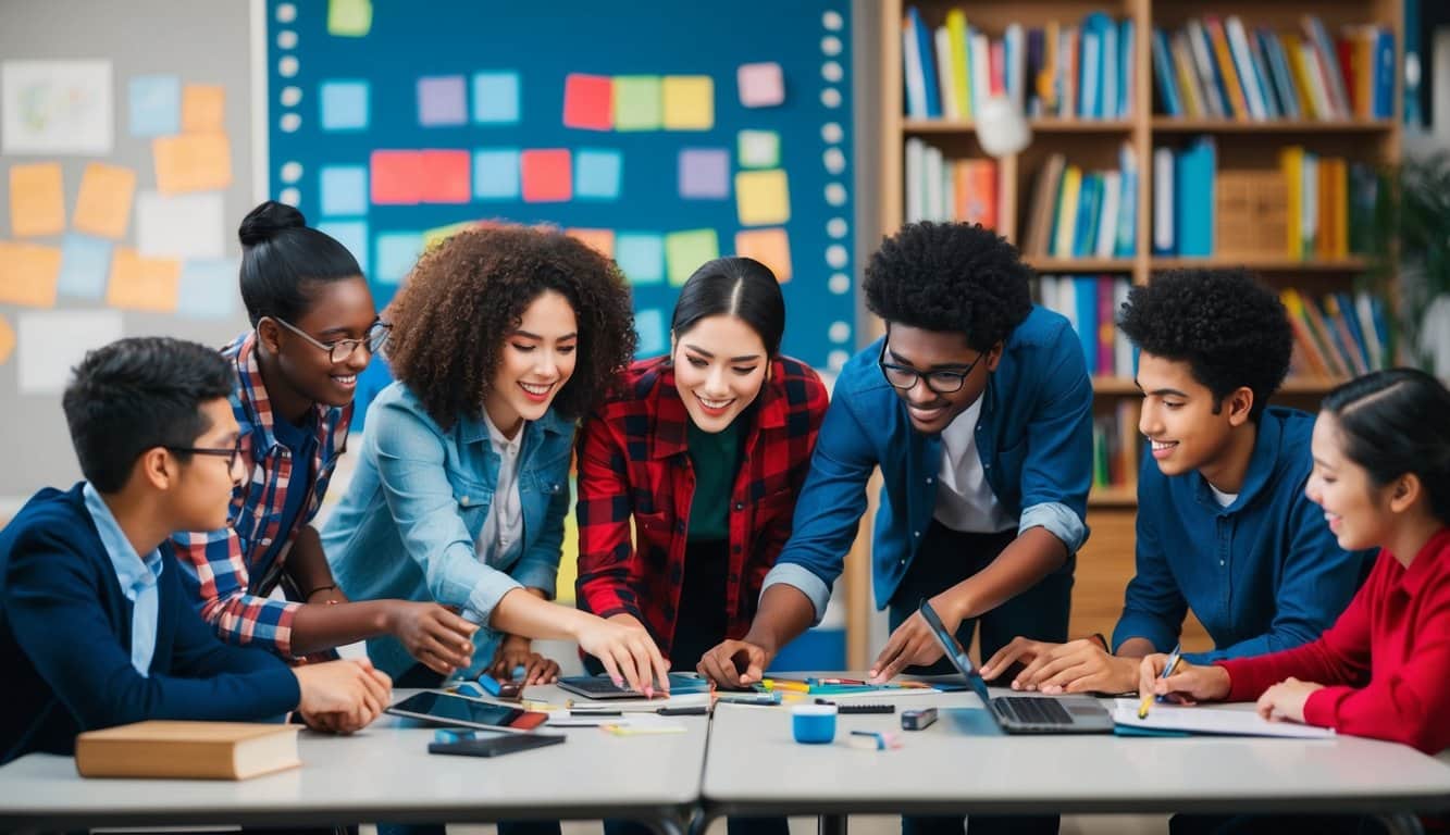 Un grupo de estudiantes diversos participó en actividades interactivas, rodeados de materiales educativos y tecnología.