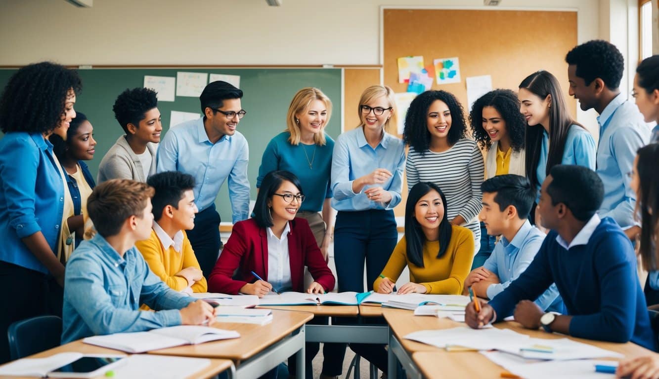 Un grupo de maestros y estudiantes se reúne en un aula, participando en actividades de aprendizaje colaborativo y discusiones, enfatizando la importancia de construir una comunidad educativa.