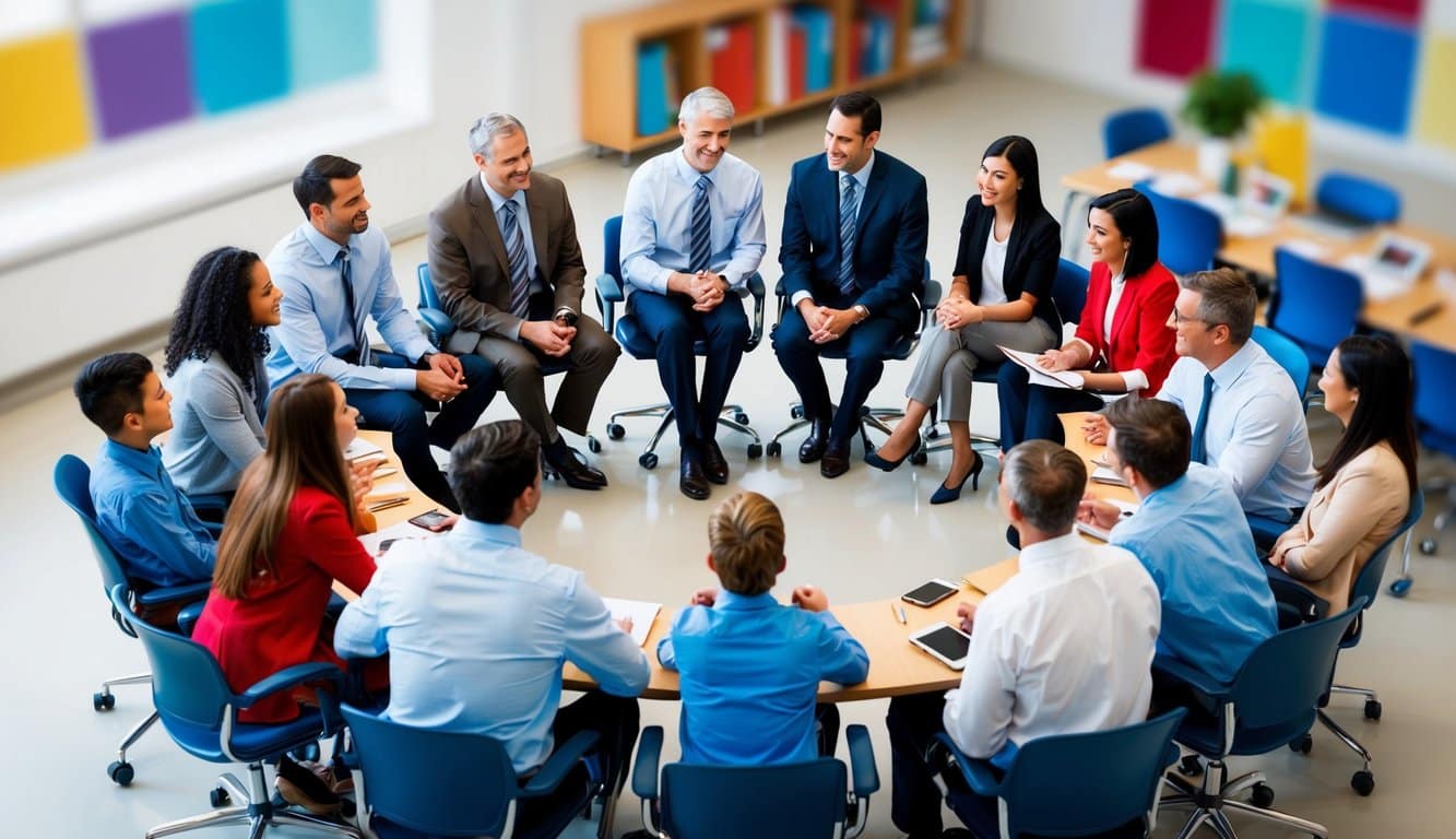 Un grupo de familias y administradores escolares se reúne en un círculo, participando en conversación y colaboración, simbolizando la influencia en el proceso educativo desde los estudiantes prospectivos hasta los graduados.