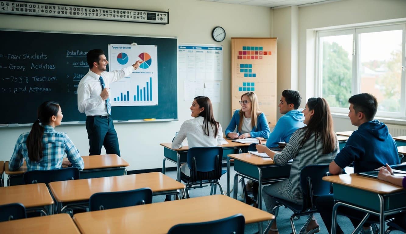 Un aula con escritorios vacíos, un profesor señalando un cartel con gráficos y tablas, y estudiantes participando en actividades grupales