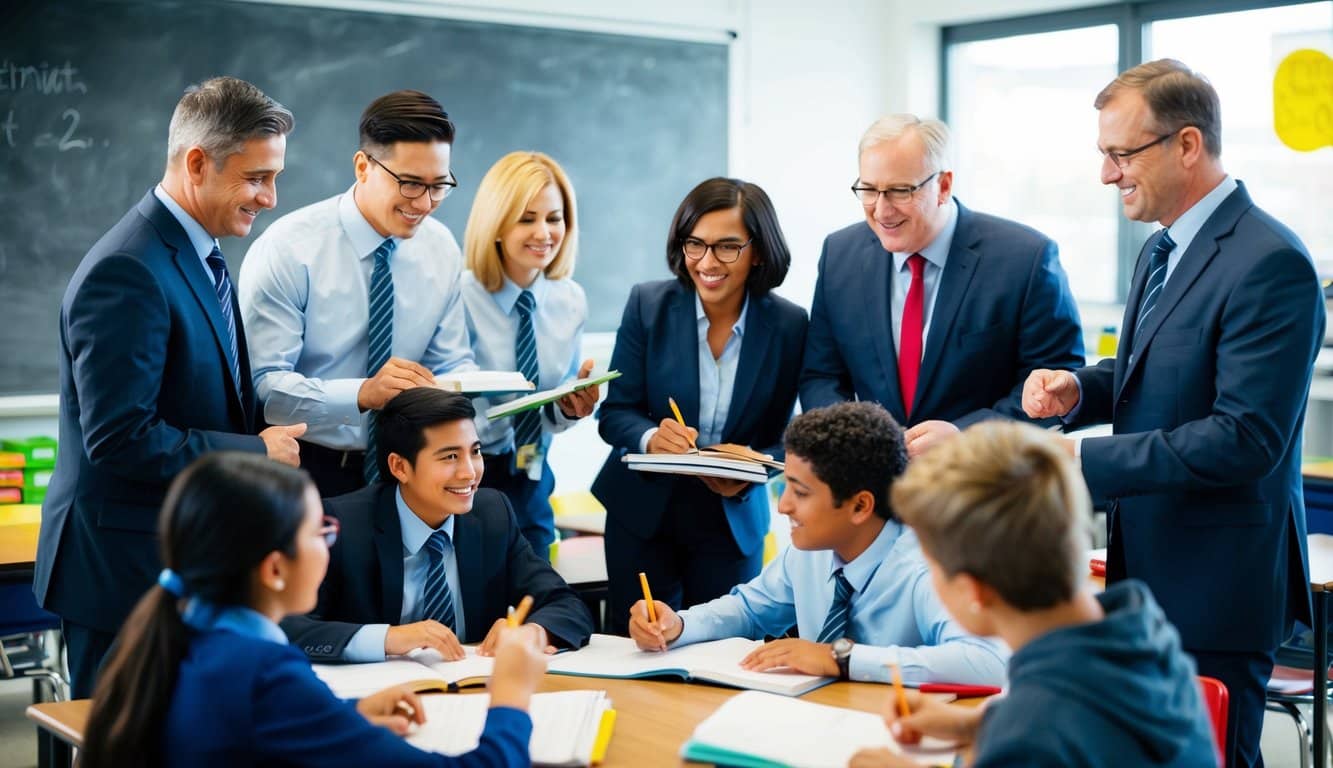 Un grupo de miembros del personal administrativo participó en actividades educativas junto a los estudiantes en un entorno escolar.