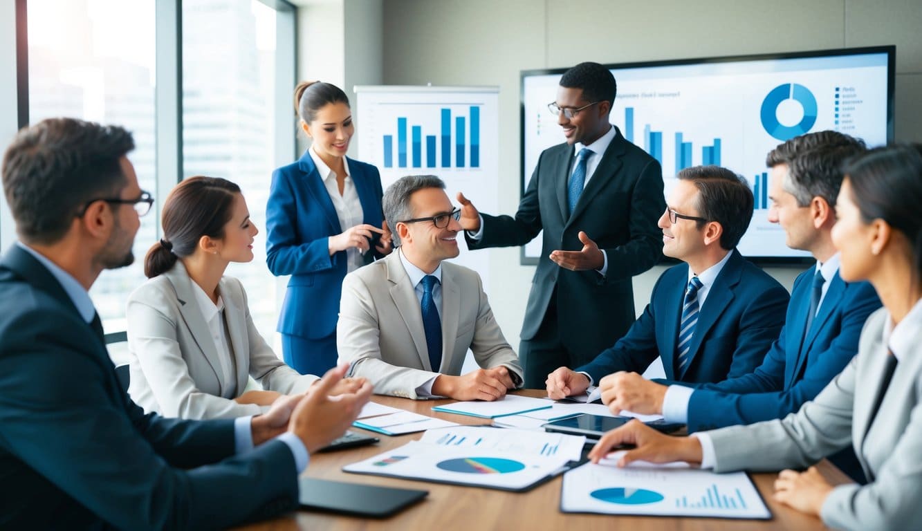 Un grupo de personas vestidas de manera profesional participando en una discusión alrededor de una mesa, con gráficos y tablas mostrados en una gran pantalla al fondo.