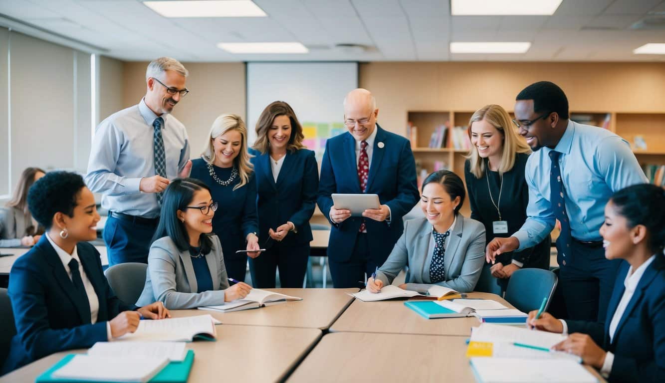 Un grupo de administradores y miembros del personal participando en actividades educativas dentro de un entorno de aprendizaje.