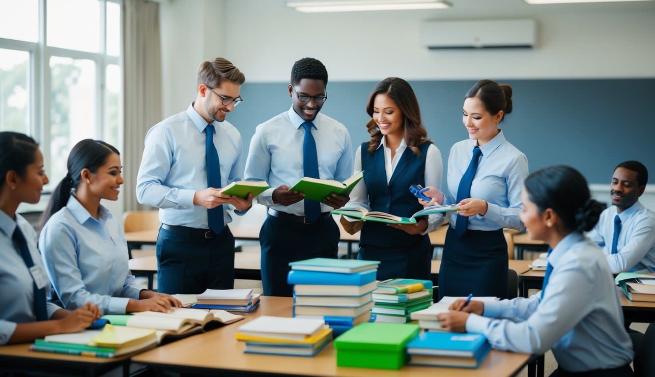 Un grupo de miembros del personal administrativo y de servicios involucrados en actividades educativas, como organizar libros y materiales, preparar aulas y elaborar recursos educativos.