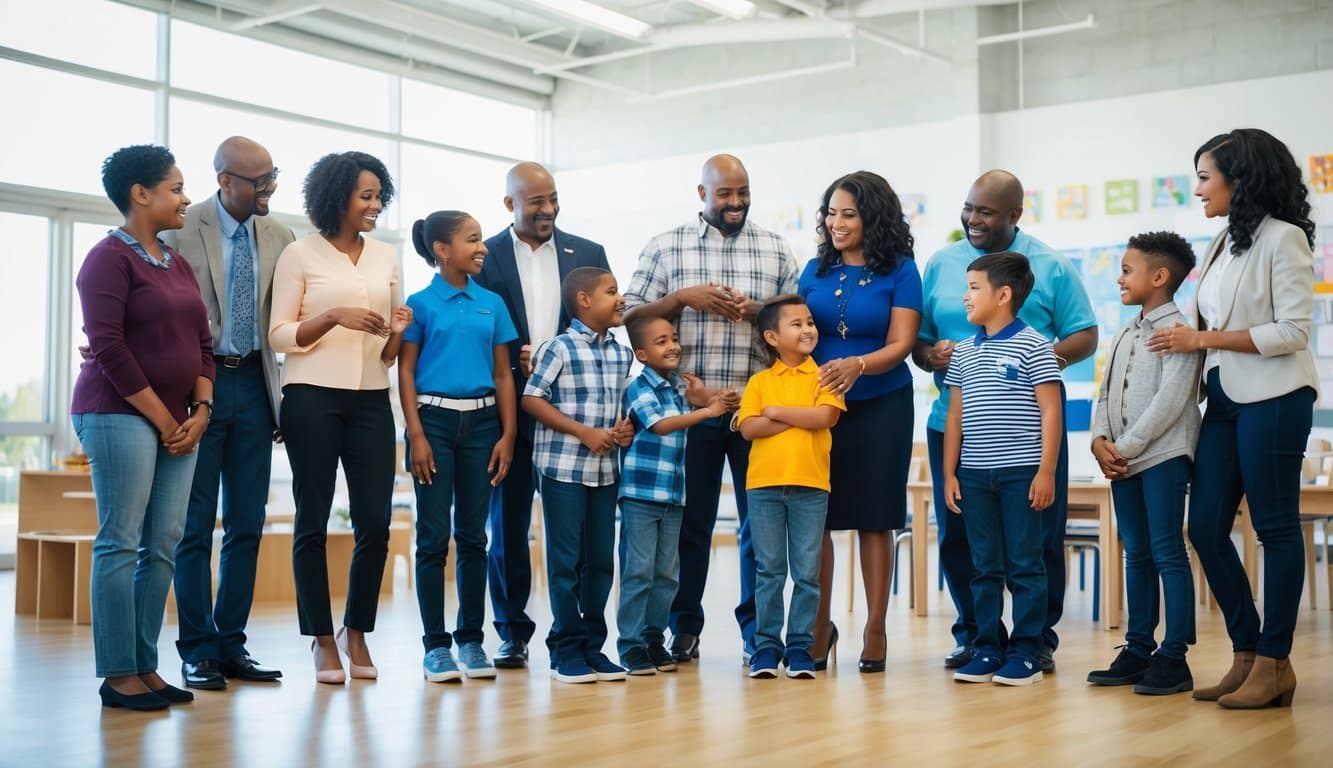 Un grupo de familias diversas de pie juntas, comprometidas en una comunicación abierta y positiva con el personal escolar. Un sentido de confianza y comprensión es evidente en su lenguaje corporal.