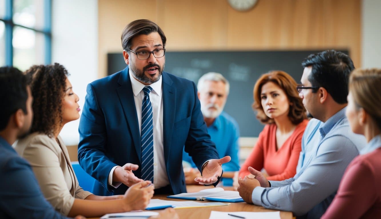 Un administrador escolar dando una presentación a un grupo de padres preocupados, abordando sus problemas y buscando activamente su opinión y retroalimentación.