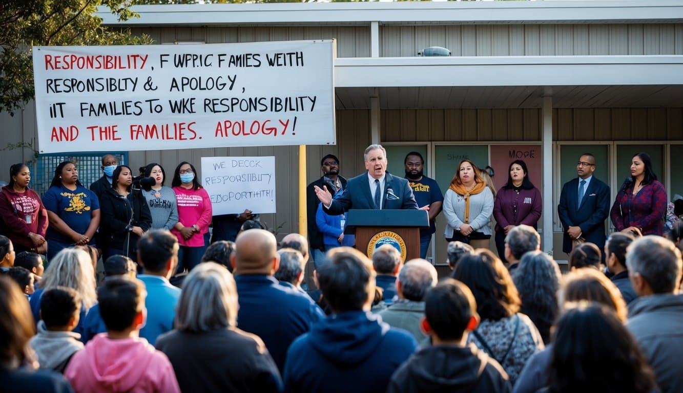 Un edificio escolar con un letrero que muestra un mensaje de responsabilidad y disculpa. Familias reunidas afuera, expresando descontento. Un administrador escolar dirigiéndose a la multitud con un tono sincero y empático.