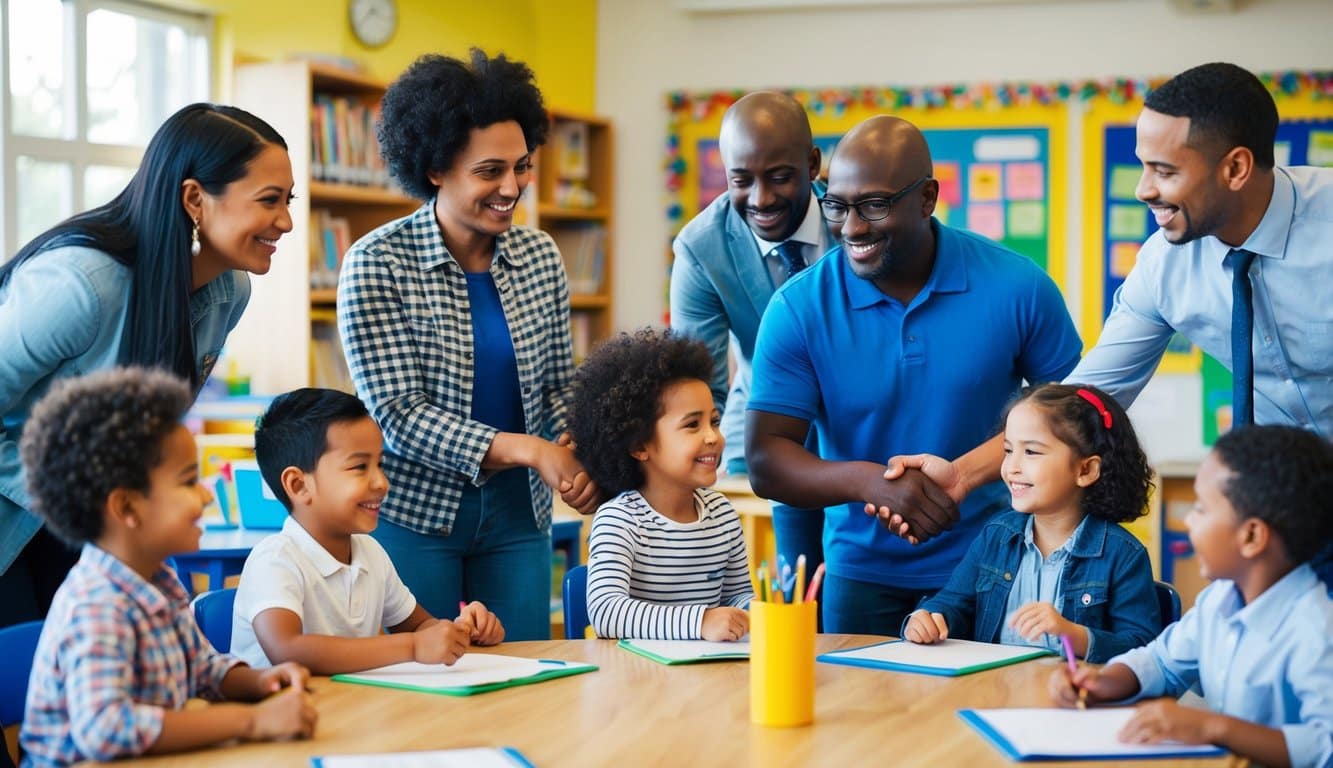 Un grupo de familias diversas participó en interacciones positivas con el personal escolar, intercambiando sonrisas y apretones de manos, mientras los niños se involucraban felizmente en actividades educativas.