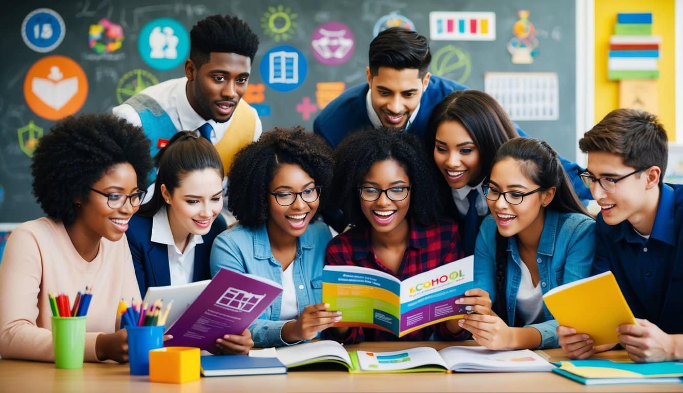 Un grupo de estudiantes diversos leyendo con entusiasmo un colorido folleto escolar, rodeados de símbolos e imágenes educativas.