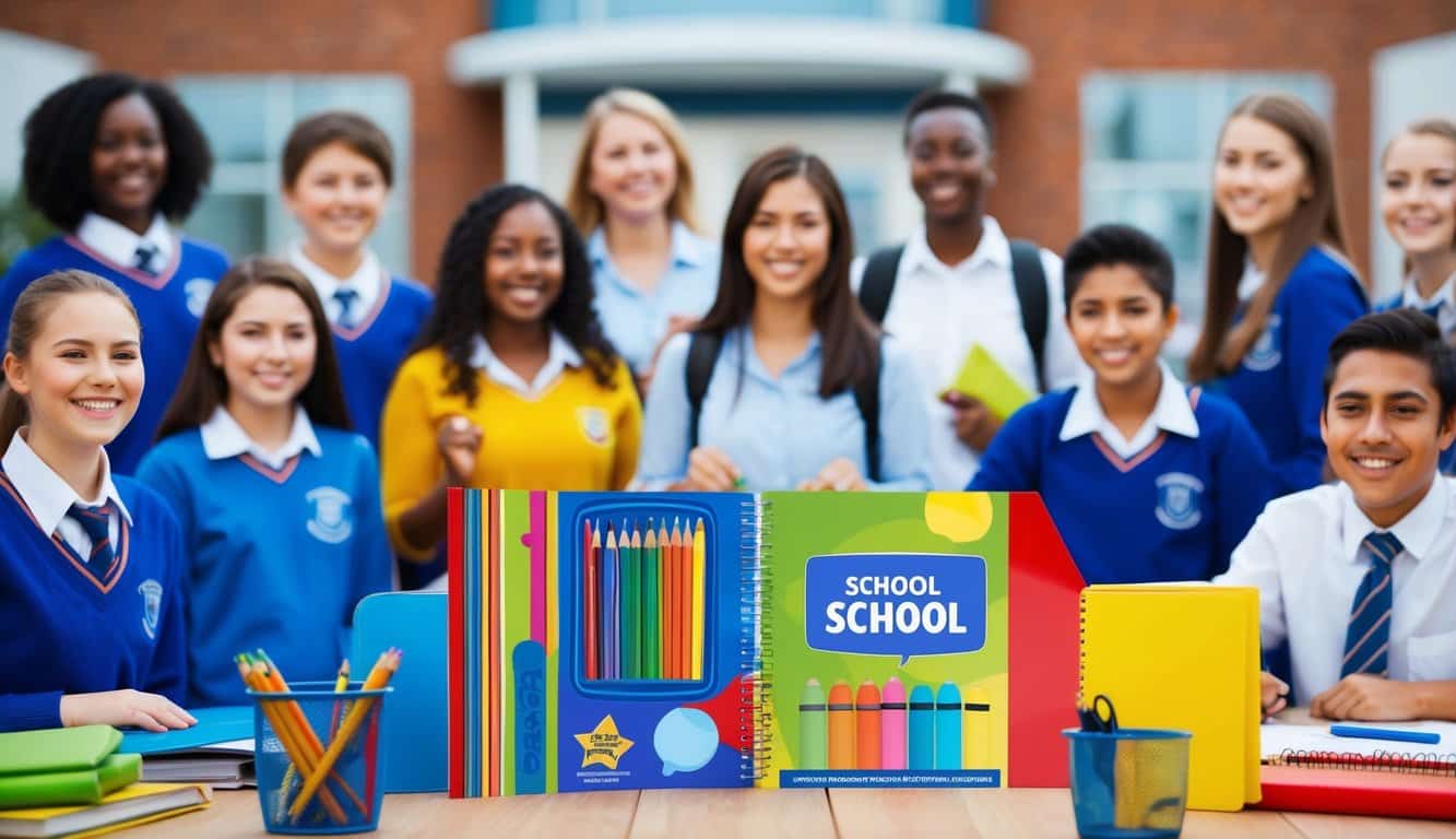 Un folleto escolar colorido con útiles escolares y un edificio escolar de fondo, rodeado de estudiantes felices y comprometidos.