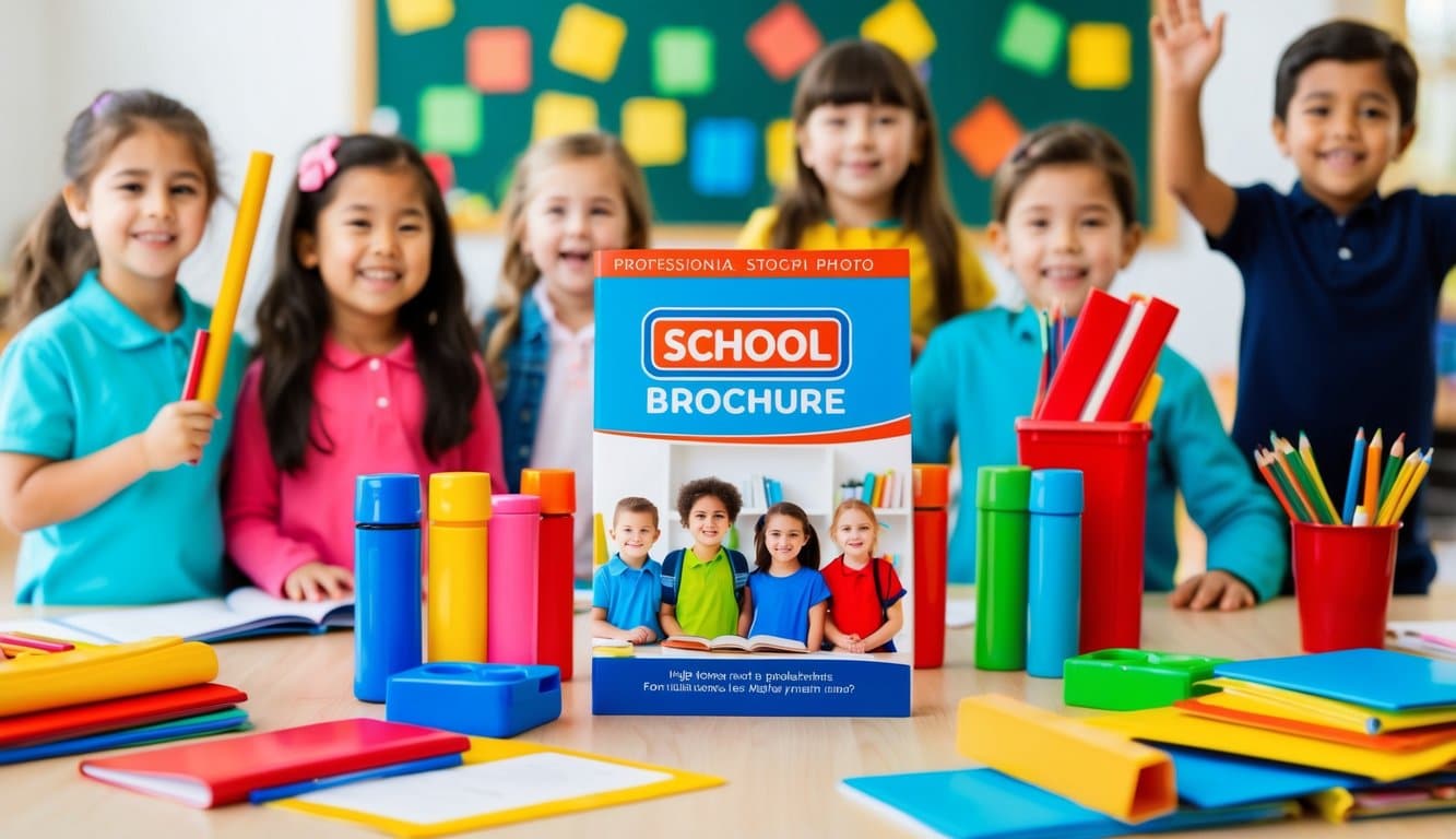 Un folleto escolar rodeado de útiles escolares coloridos y niños felices jugando en el fondo