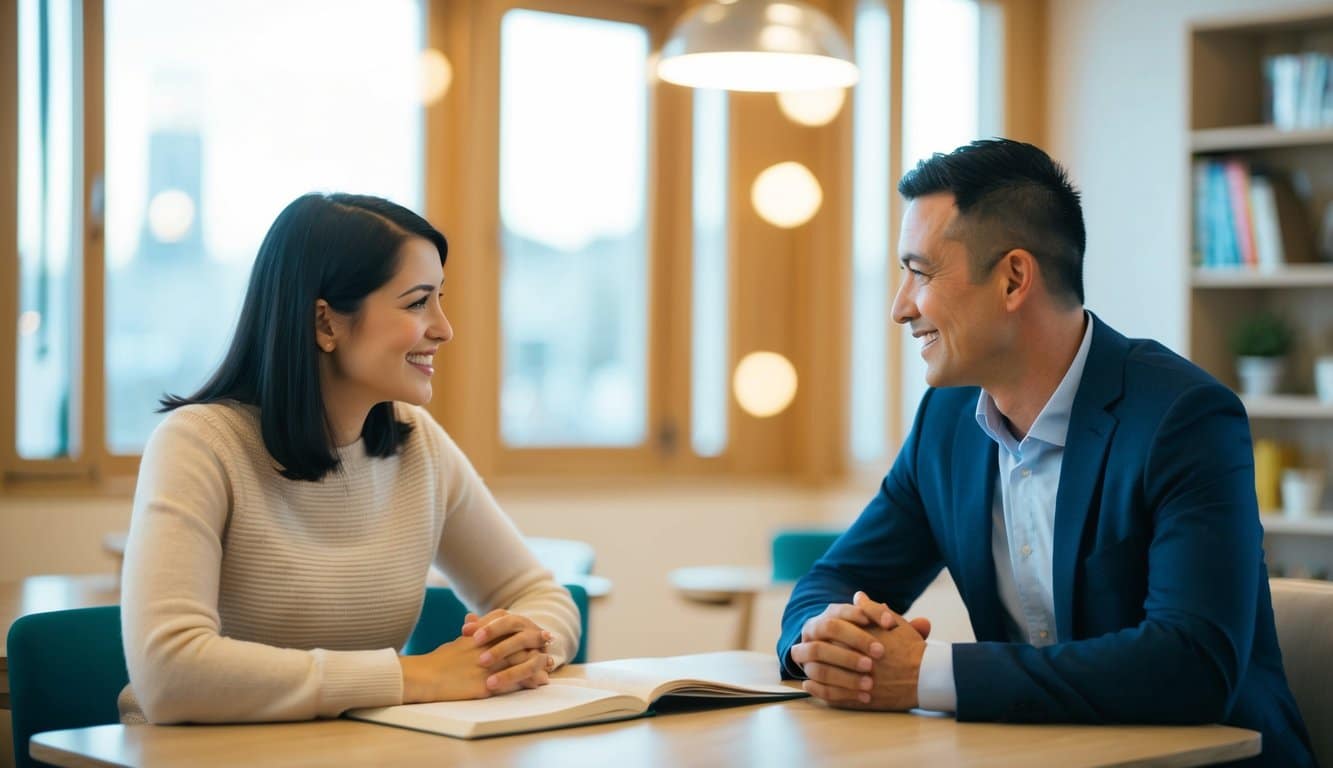 Un padre y un tutor sentados uno frente al otro en una mesa, conversando, con una atmósfera cálida y acogedora.