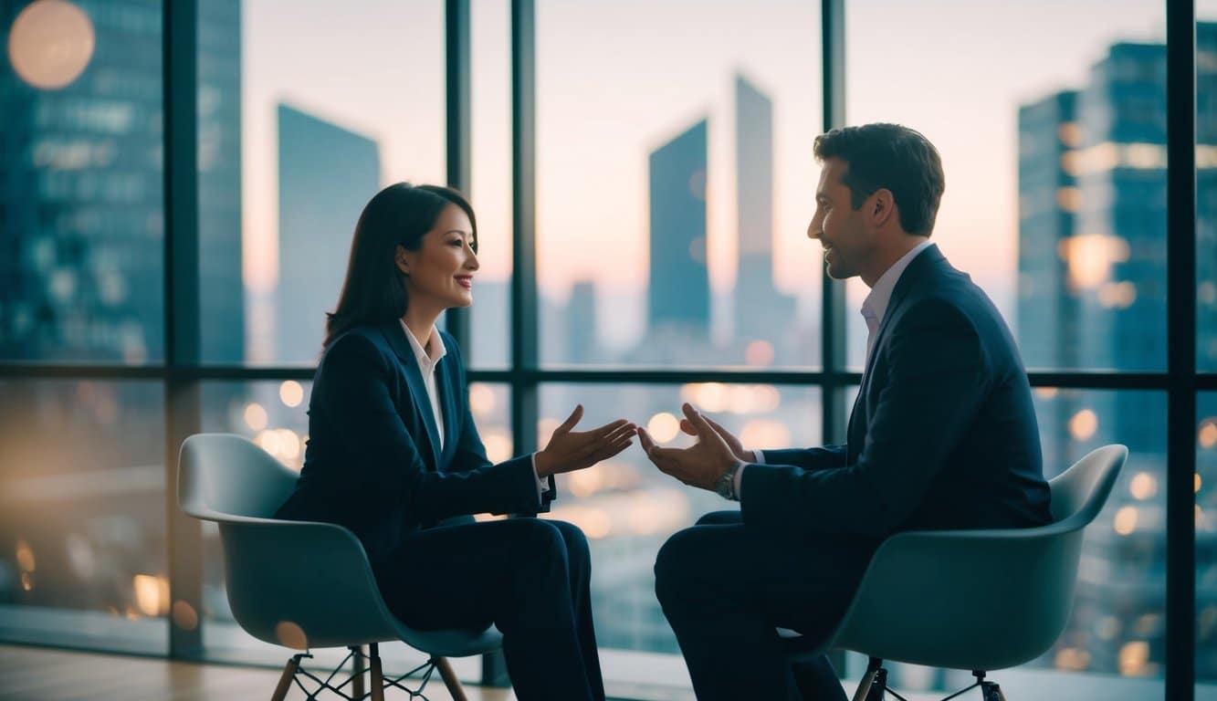 Dos figuras enfrentándose en conversación, una sentada y la otra de pie. Un sentido de conclusión y satisfacción en el aire.