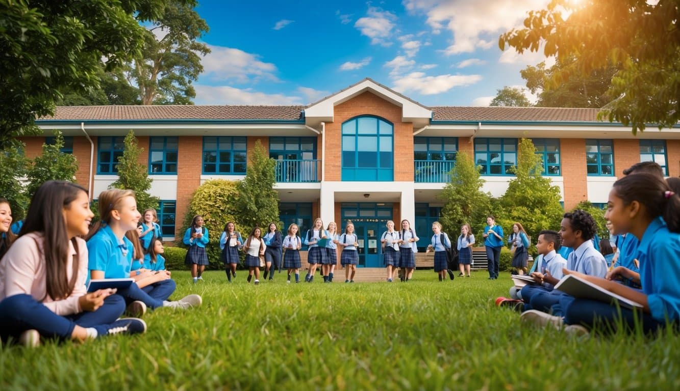 Un edificio escolar con una atmósfera feliz y vibrante, rodeado de vegetación y lleno de estudiantes y maestros comprometidos.