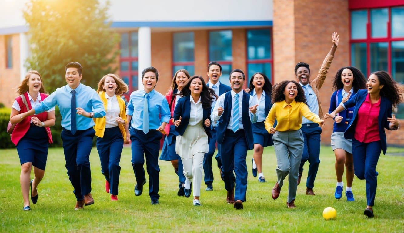 Un edificio escolar con estudiantes y profesores felices, involucrados en diversas actividades como aprender, jugar y socializar. La atmósfera es vibrante y positiva, con un sentido de comunidad y satisfacción.