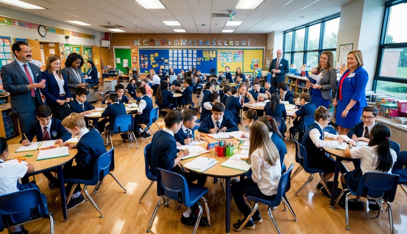 Un ambiente escolar bullicioso con estudiantes involucrados en diversas actividades académicas y extracurriculares, rodeados de maestros y personal de apoyo.