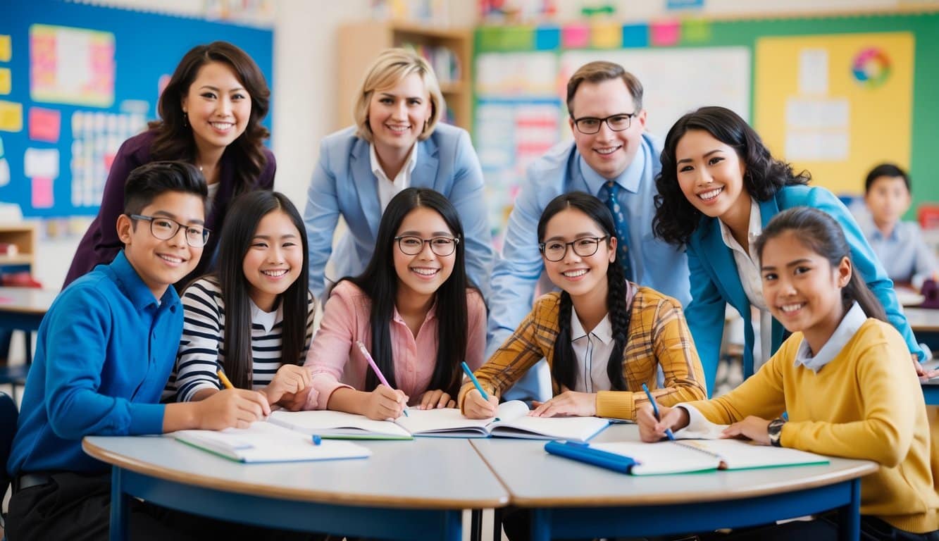 Un grupo de estudiantes comprometidos y felices en diversas actividades educativas dentro de un entorno escolar, rodeados de maestros y administradores solidarios.