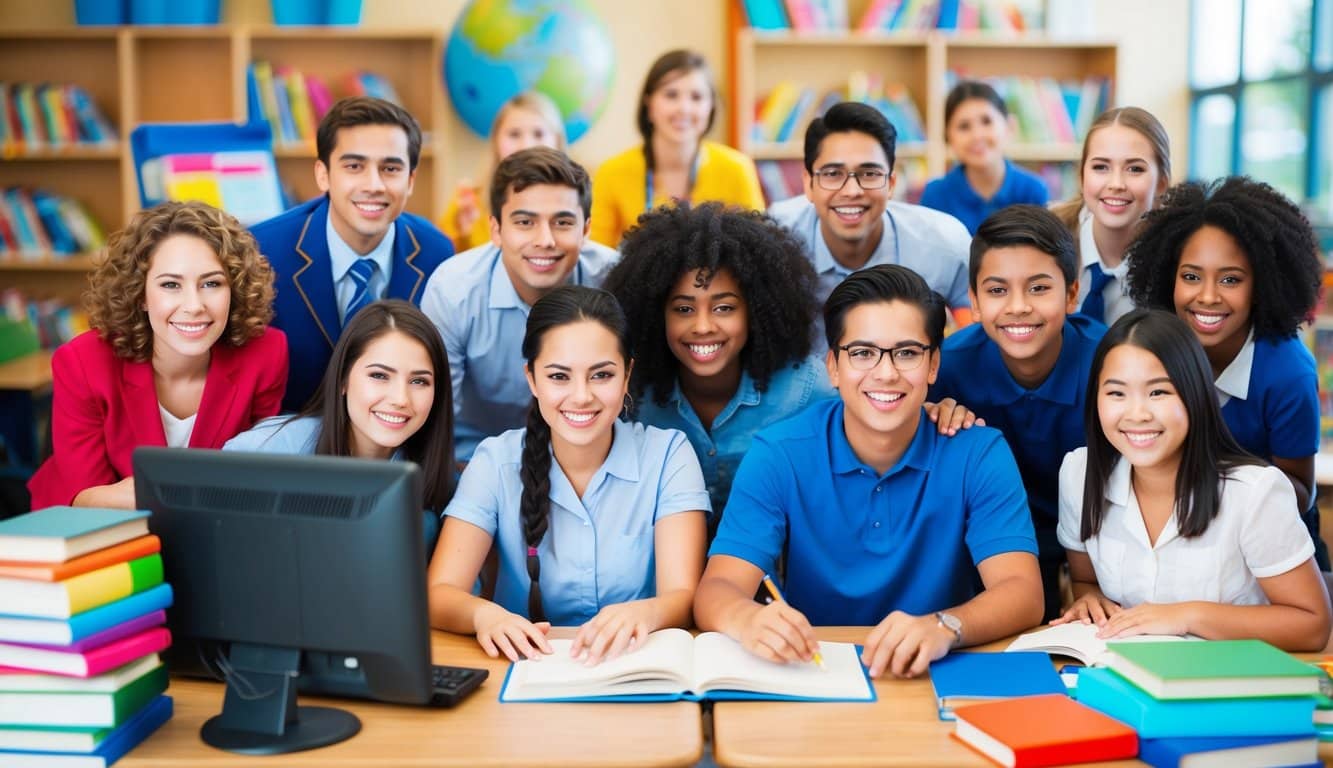 Un edificio escolar con estudiantes y maestros felices, rodeado de libros, computadoras y un ambiente de aprendizaje vibrante