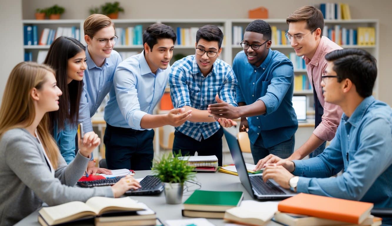 Un grupo de estudiantes generando ideas de marketing en un entorno escolar, rodeados de libros de texto, computadoras y materiales educativos.