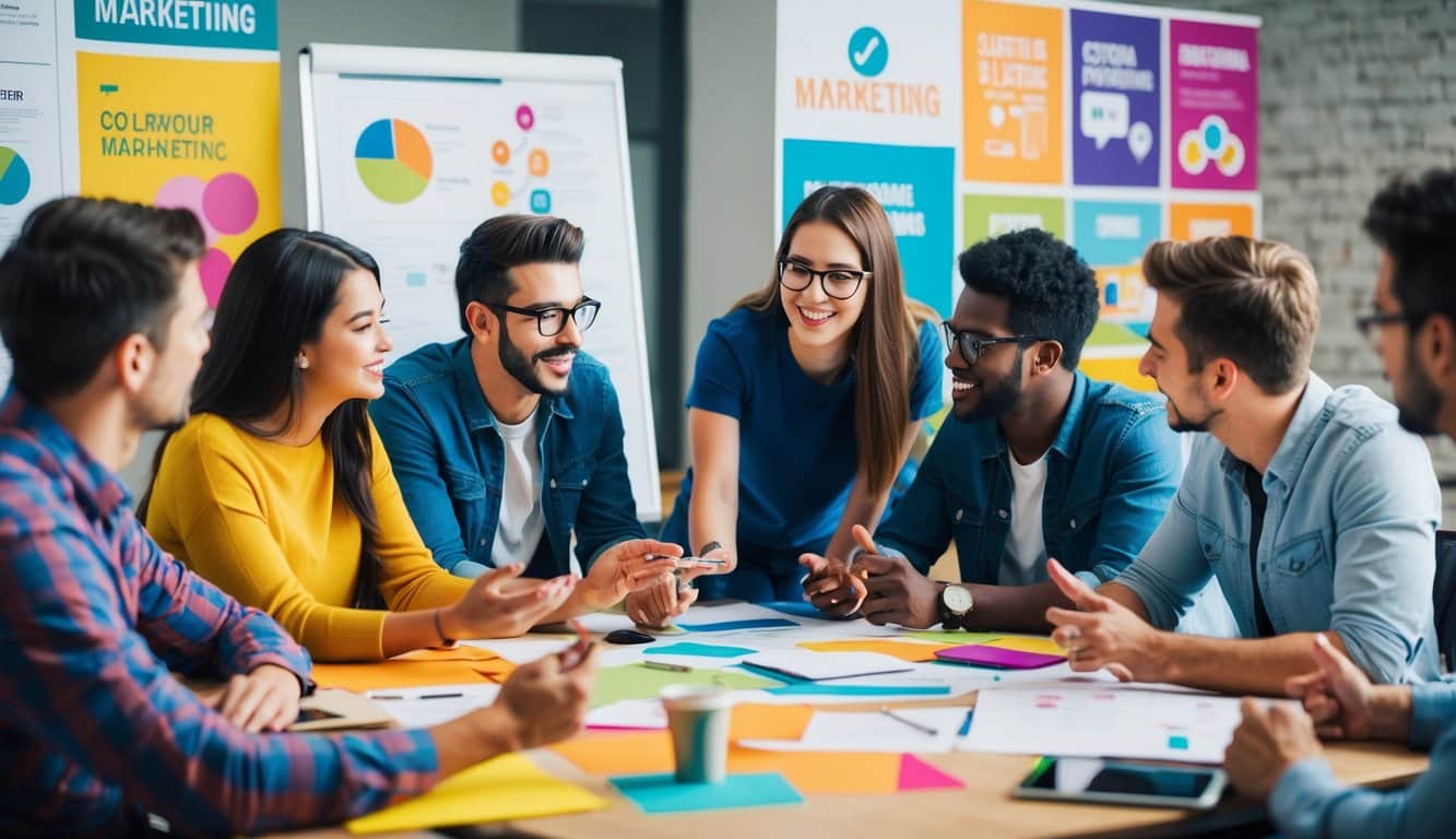 Un grupo de estudiantes generando ideas y compartiendo en un ambiente informal, rodeados de carteles coloridos y materiales de marketing.