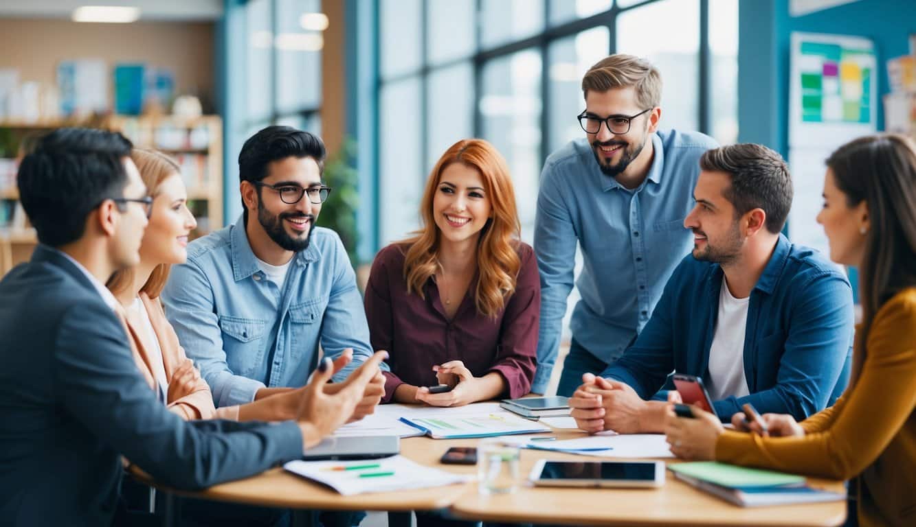 Un grupo de personas generando ideas y discutiendo estrategias de marketing en un ambiente informal y relajado, posiblemente en un entorno escolar.