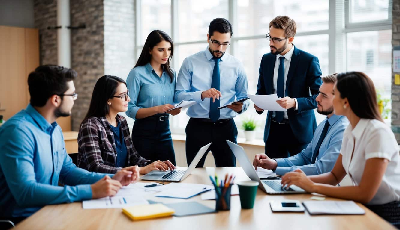 Un grupo de personas analizando datos y discutiendo estrategias de marketing en un entorno escolar