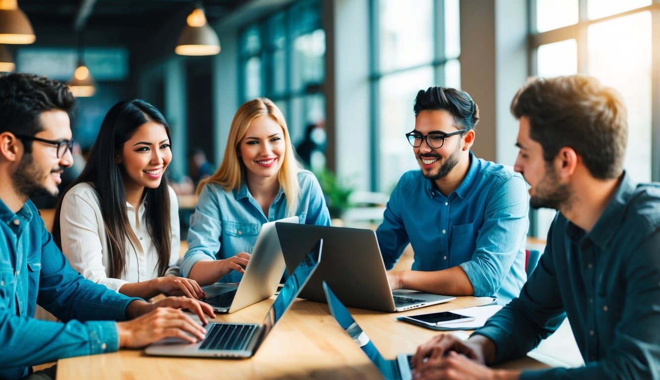 Un grupo de estudiantes generando ideas, compartiendo laptops y discutiendo estrategias de marketing en un ambiente informal.