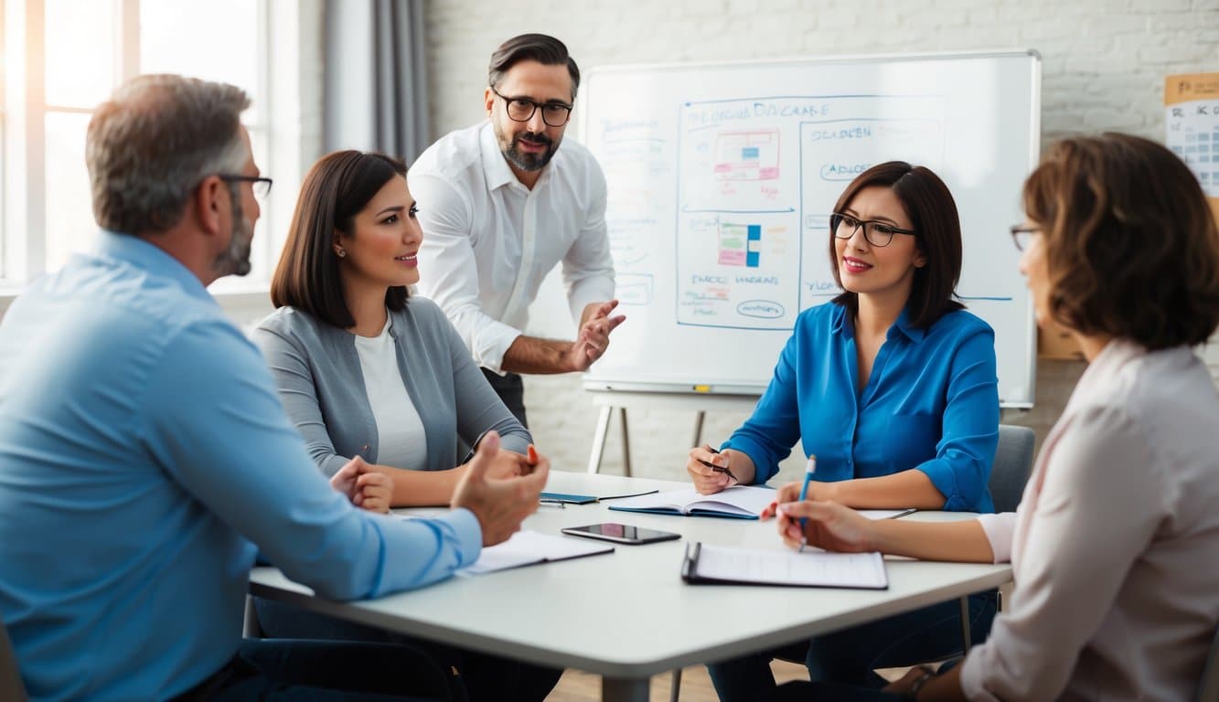 Un maestro y un grupo de padres sentados alrededor de una mesa, participando en una discusión. Una pizarra con notas y diagramas en el fondo.