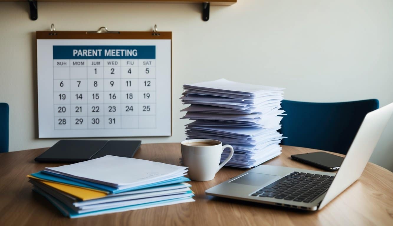 Un escritorio con una pila de papeles, una computadora portátil y una taza de café. Un calendario en la pared muestra la fecha de la reunión de padres.