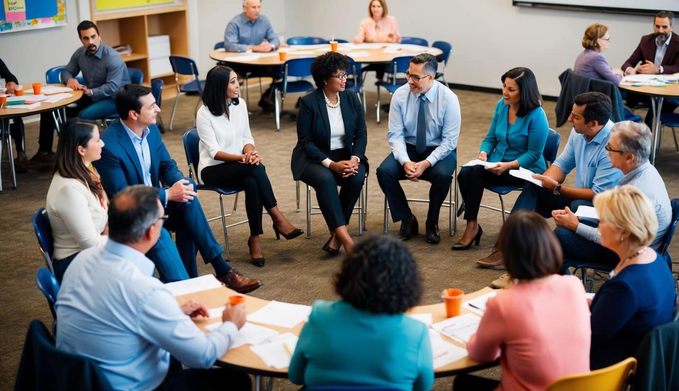 Un grupo de padres sentados en un círculo, participando en una conversación con un maestro o administrador escolar que dirige la reunión. Mesas con papeles y refrigerios están dispuestas alrededor de la sala.