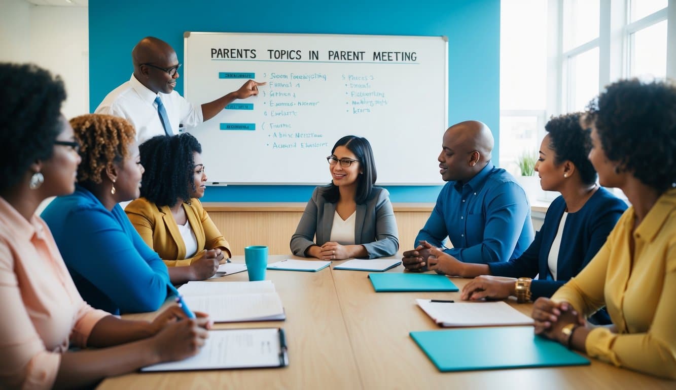 Un grupo de padres y educadores se reúne alrededor de una mesa, participando en una discusión. Una pizarra muestra los temas clave a tratar en las reuniones de padres.