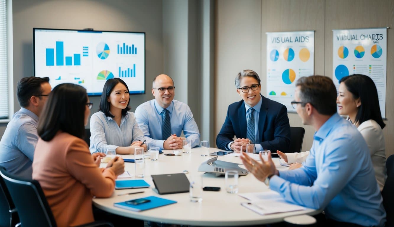 Un grupo de personas sentadas alrededor de una mesa, participando en una conversación, con ayudas visuales y gráficos exhibidos en las paredes.