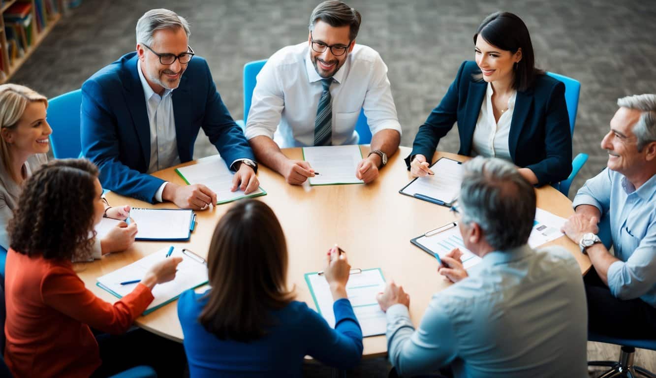 Un grupo de padres y maestros se reunió alrededor de una mesa, participando en una conversación e intercambiando información. La atmósfera es amigable y colaborativa, con todos enfocados en la discusión.