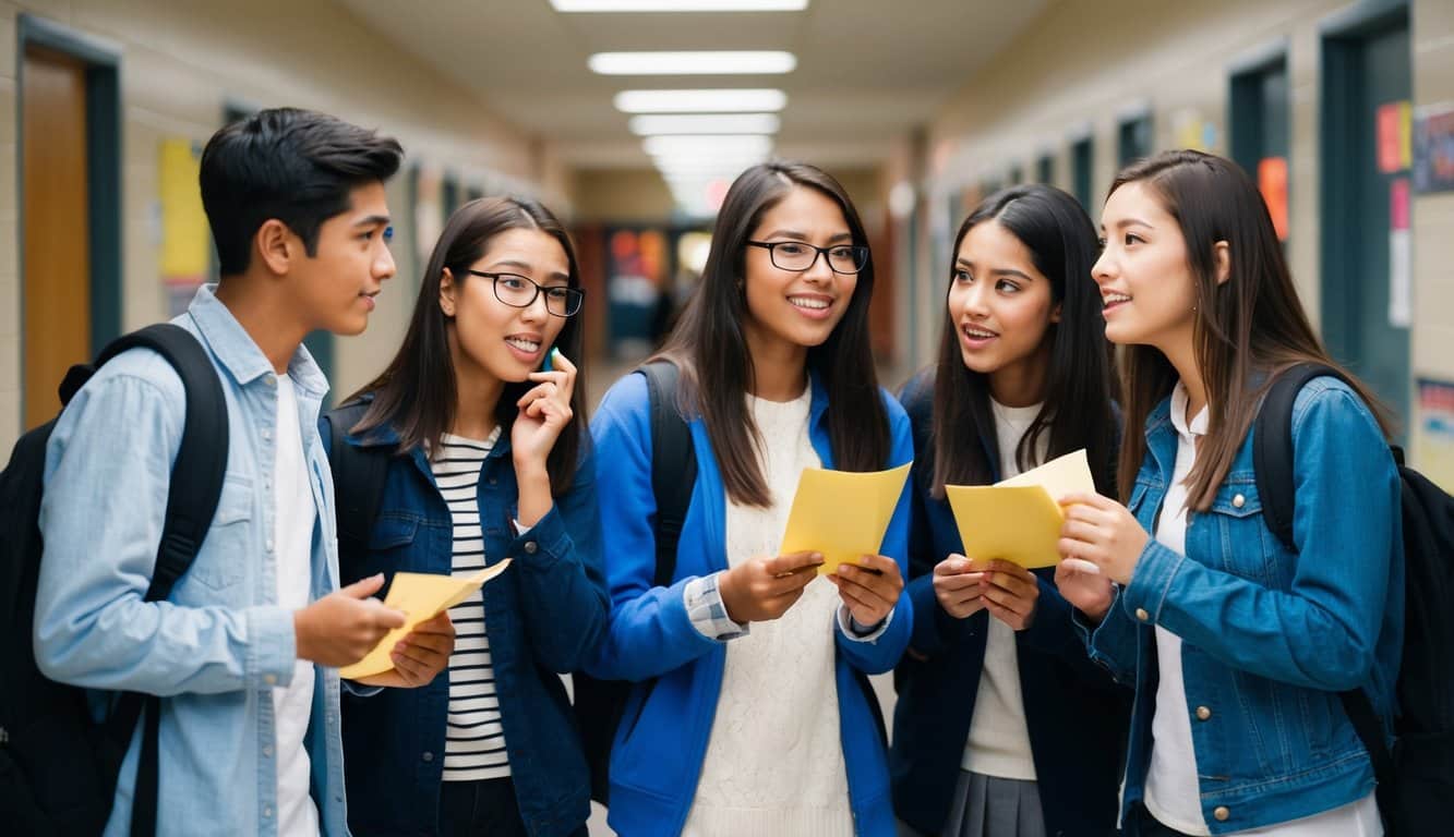 Compañeros de clase susurrando, pasando notas e intercambiando miradas furtivas en un pasillo escolar.