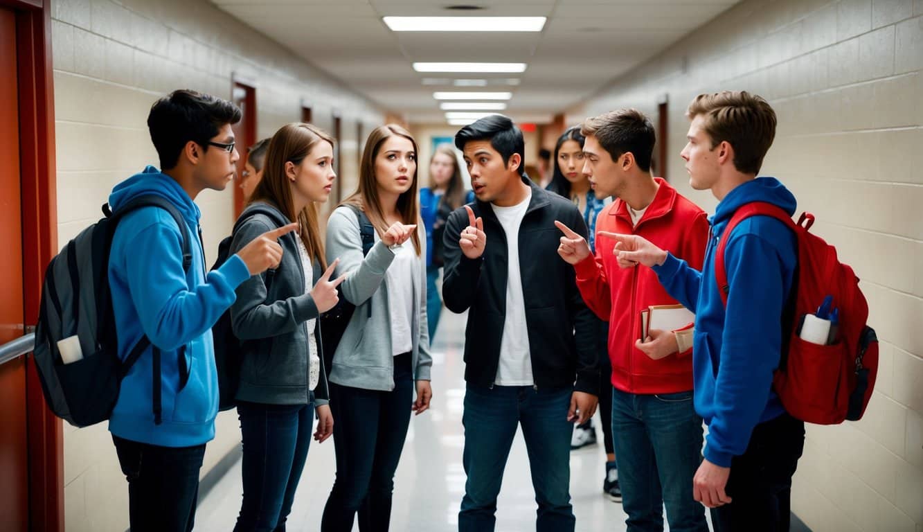 Un grupo de estudiantes susurrando y señalándose unos a otros en un pasillo escolar, creando una atmósfera tensa y dividida.