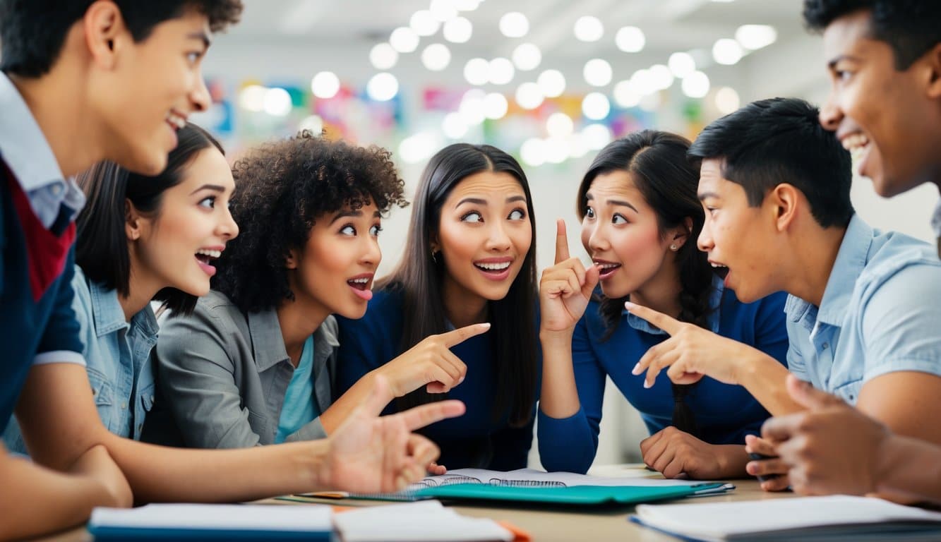 Compañeros de clase chismeando en un círculo, susurrando y gesticulando con expresiones animadas. Una mezcla de curiosidad y emoción en su lenguaje corporal.