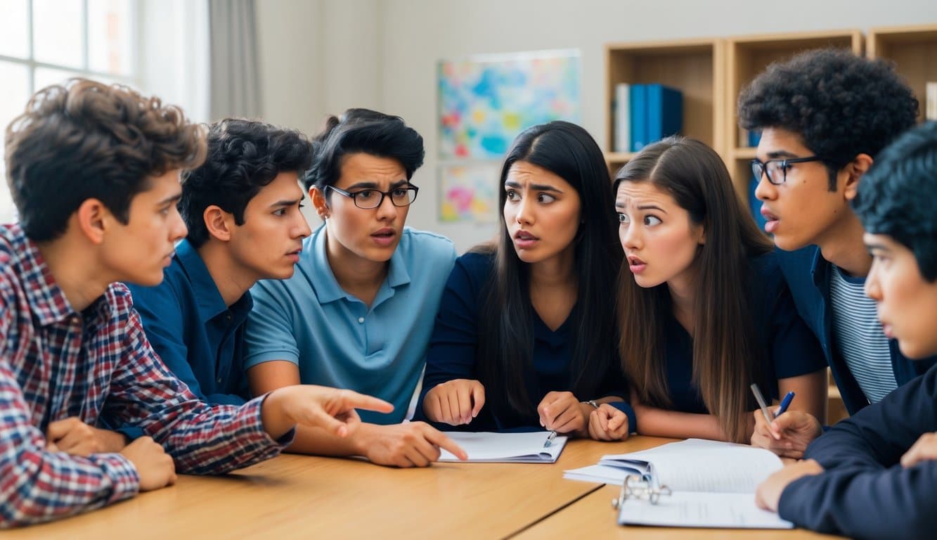 Compañeros de clase chismeando en un círculo, uno señalando y susurrando mientras otros escuchan con interés. Una atmósfera tensa y crítica llena la sala.