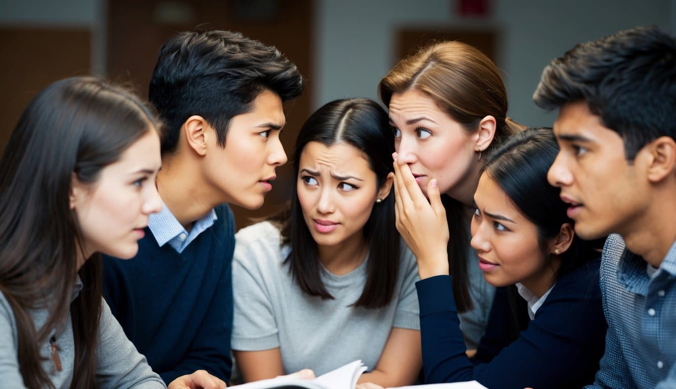 Compañeros de clase chismeando en círculo, susurrando e intercambiando miradas. Un estudiante parece culpable mientras otro escucha atentamente, creando una atmósfera de intriga y especulación.