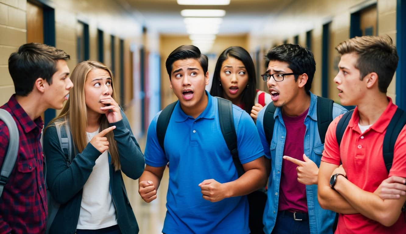 Un grupo de estudiantes chismeando en un pasillo de la escuela, susurrando y gesticulando con expresiones animadas. Un estudiante parece frustrado mientras los otros escuchan atentamente.