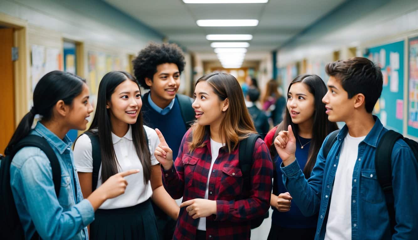 Compañeros de clase charlando, señalando con los dedos e intercambiando susurros en un pasillo escolar