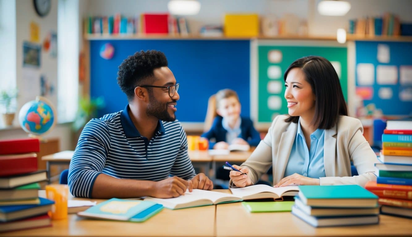 Un maestro y un estudiante participan en una conversación productiva y positiva, rodeados de libros, materiales educativos y un ambiente de aula acogedor.