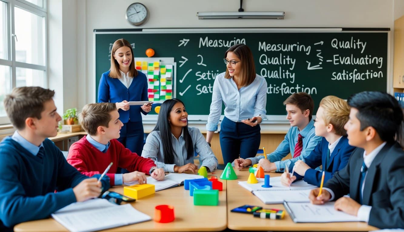 Un aula con estudiantes participando en actividades interactivas, mientras un maestro observa y toma notas. Se pueden ver varias herramientas para medir y evaluar la calidad y la satisfacción.