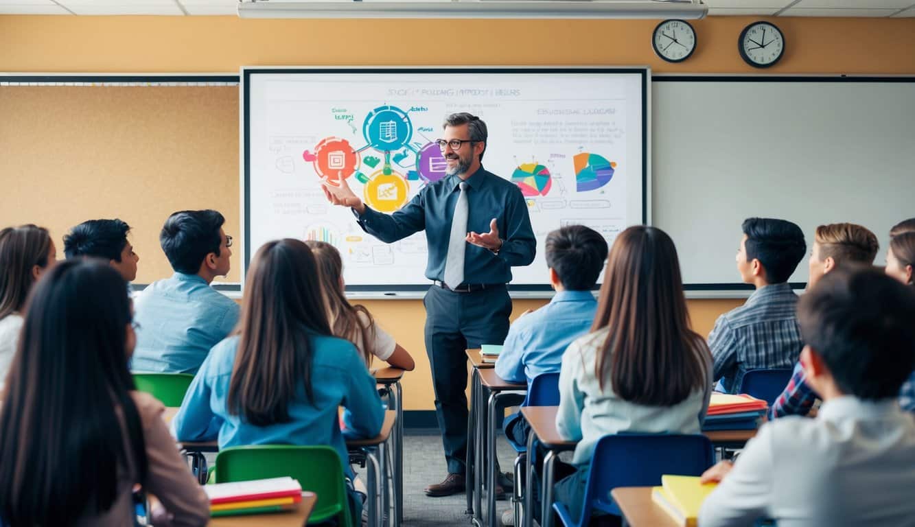 Un maestro está al frente de un aula, utilizando un recurso visual colorido y atractivo para explicar un concepto complejo a un grupo de estudiantes atentos.