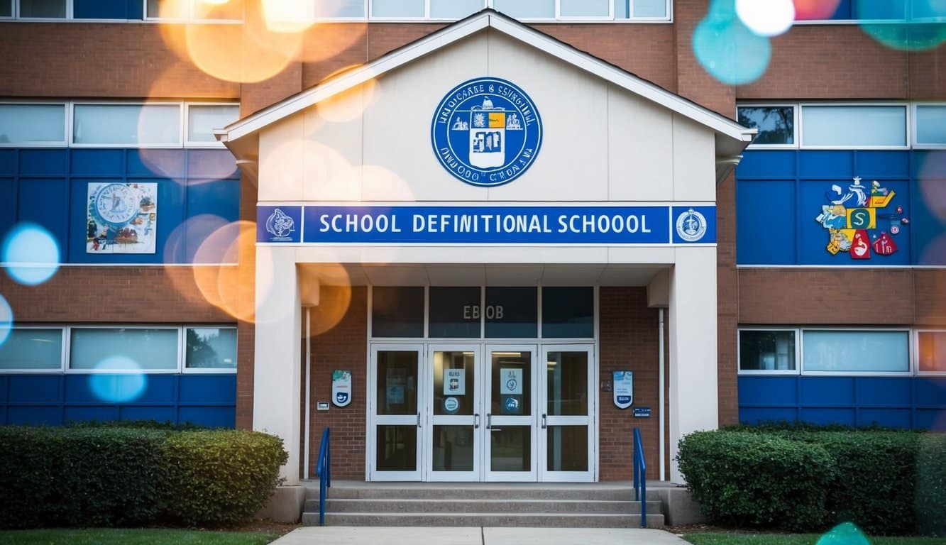 Un edificio escolar con un logotipo prominente en la fachada, rodeado de símbolos e imágenes educativas.