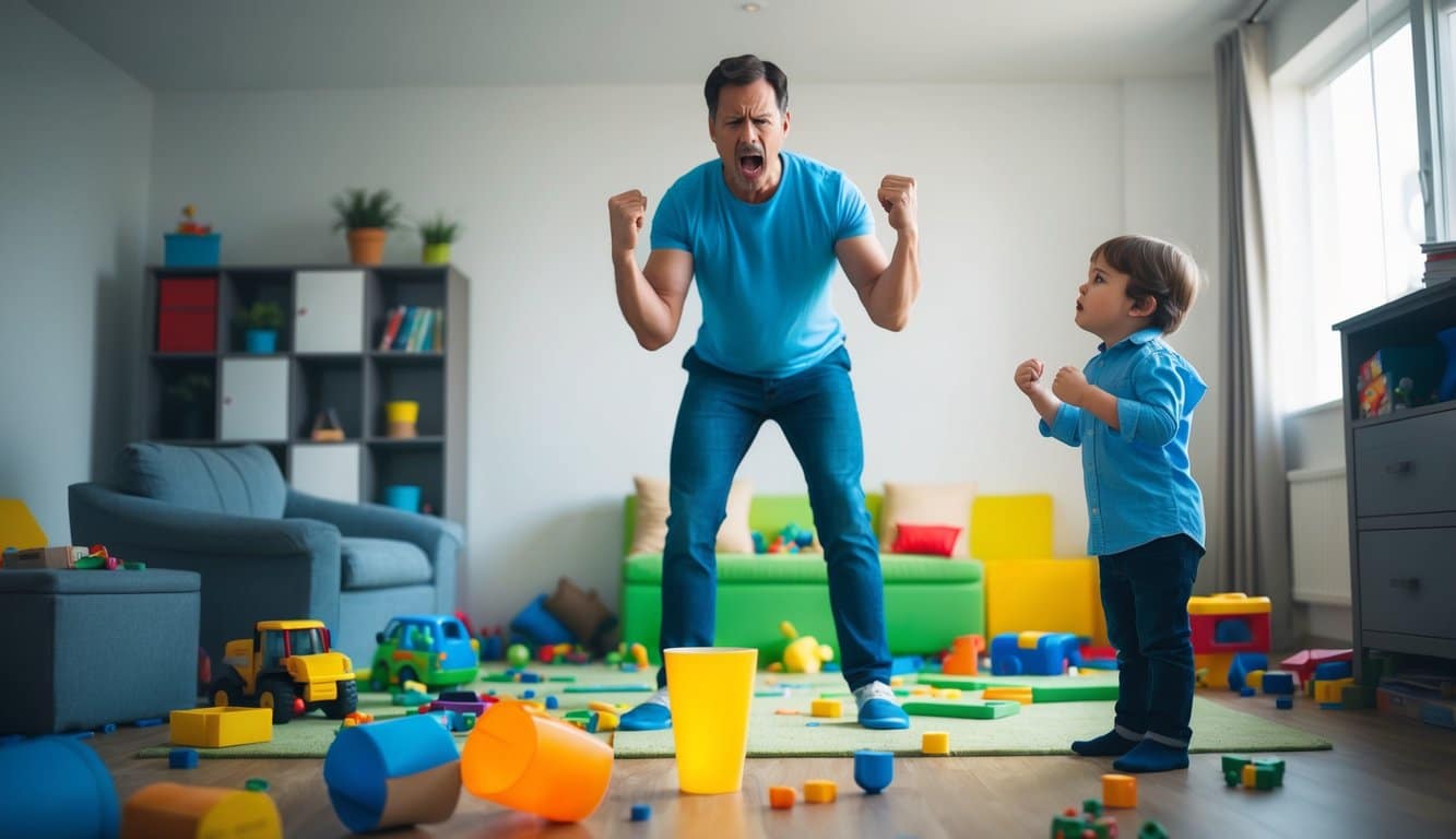 Un padre frustrado está de pie con los puños apretados, mientras un niño mira hacia arriba con una expresión de desconcierto. La habitación está desordenada, con juguetes esparcidos y una taza derramada.