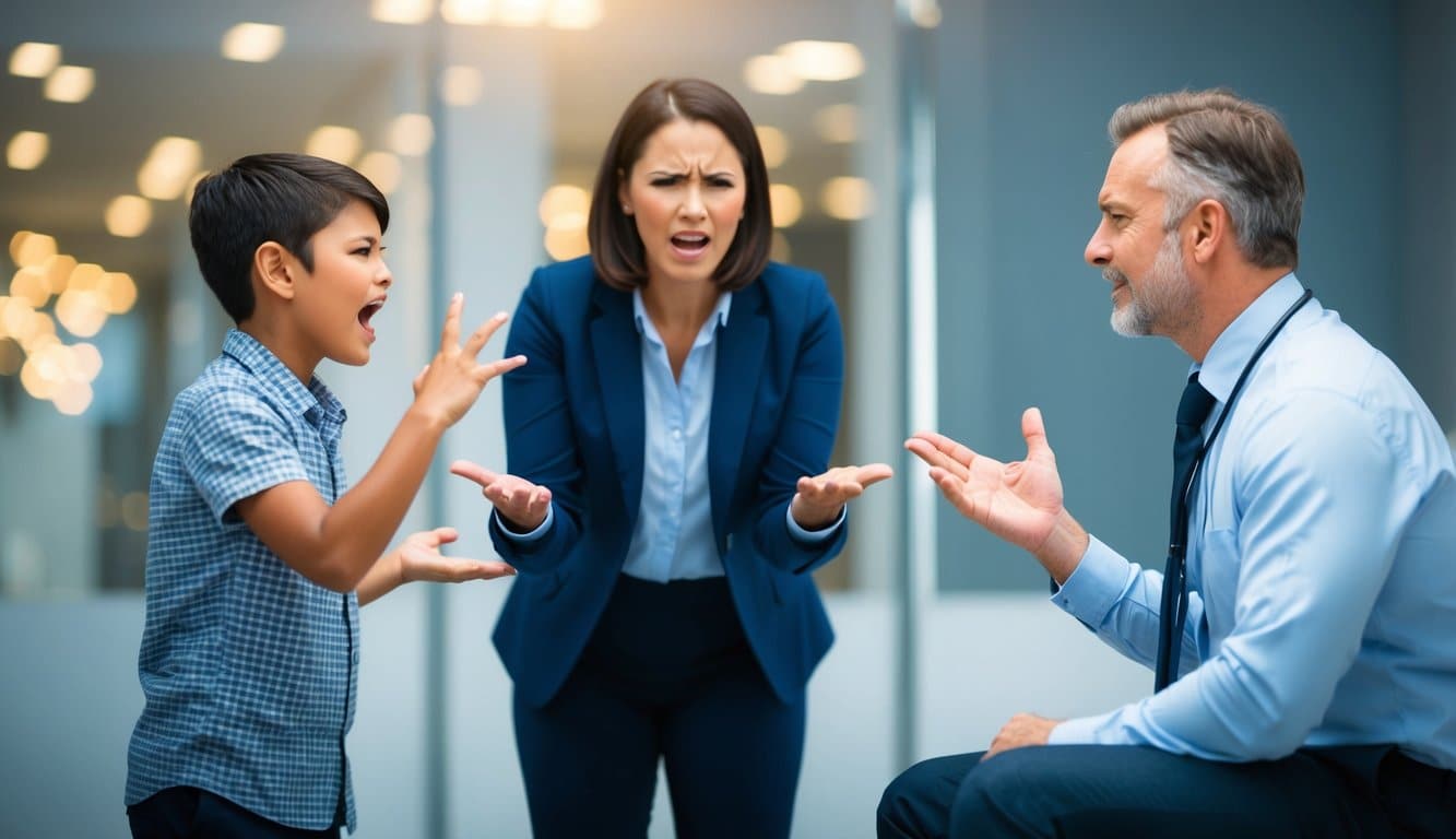 Un padre frustrado de pie frente a un profesional tranquilo, gesticulando con frustración mientras el profesional escucha atentamente y ofrece una presencia reconfortante.